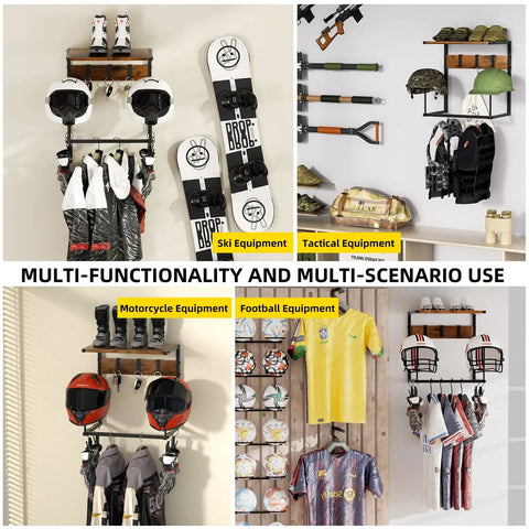 Easy Install Motorcycle Helmet Holder Wall Mount Rack With Dual Hat Stands, hanging helmets, jackets, gear in a garage.