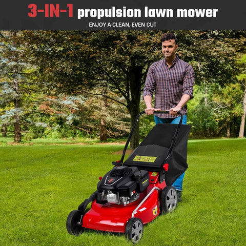 131cc Gas Powered Self Propelled Lawn Mower With Foldable Design Easy Start 3 In 1 Gas Push Mower For Yard And Garden Beast Mode 50L Grass Catcher Rear Wheel Drive Red, man mowing lawn