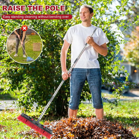 Heavy Duty Push Broom With 70 Inch Extendable Handle For Outdoor Garage Driveway And Sidewalk Cleaning Industrial Grade Sweep Tool For Tough Debris And Commercial Use used by man in garden to sweep leaves