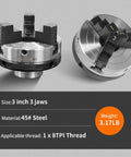 Premium Heavy Duty Three Inch Wood Lathe Chuck Featuring Reversible Jaws And Dual Arbors For One By Eight Tpi Spindles with steel finish.