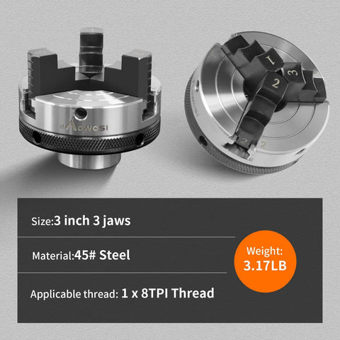 Premium Heavy Duty Three Inch Wood Lathe Chuck Featuring Reversible Jaws And Dual Arbors For One By Eight Tpi Spindles with steel finish.