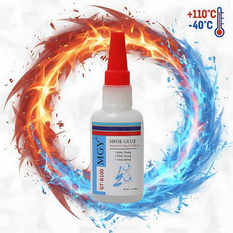 Super Strong Shoe Repair Glue 30g Quick Dry Waterproof Adhesive bottle in front of fire and ice background.