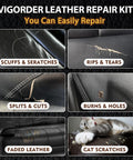 DIY Leather Repair Kit For Car Interiors And Furniture showing repair on scuffs, scratches, rips, tears, cat scratches.
