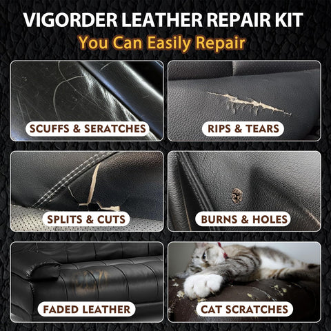 DIY Leather Repair Kit For Car Interiors And Furniture showing repair on scuffs, scratches, rips, tears, cat scratches.