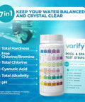 7 In 1 Pool And Spa Test Strips Kit For Easy Water Testing With No Fuss Seven Must Haves Like Chlorine, Bromine, PH, Alkalinity, Hardness, Cyanuric Acid, 100 Strips For Pools, Spas, Hot Tubs And More, showing test range.