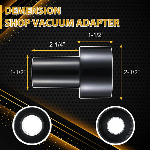 Two Pack Hose Adapter From Two And A Half Inch Outer Diameter To One And A Half Inch Outer Diameter Reducer For Dry And Wet Vacuum Hoses, Ideal Dust Collection Connector In Black, side and top view.