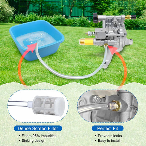 Pressure Washer Siphon Hose With Filter And Chemical Soap Injector Kit setup showing hose connected to water basin
