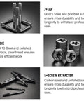 Close-up of 23-piece rethreading kit showing taps, dies, and screw extractors in GCr15 steel, part of a large size tap and die set for DIYer and home mechanic.