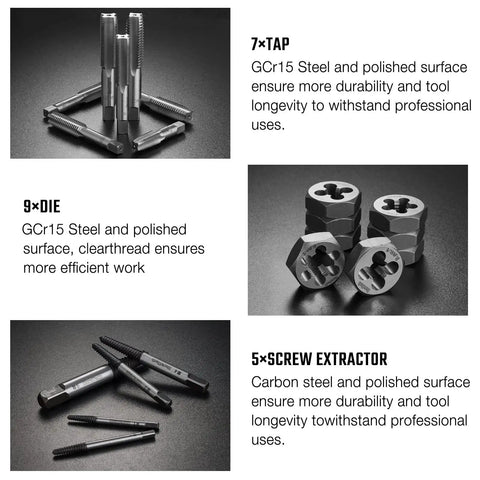 Close-up of 23-piece rethreading kit showing taps, dies, and screw extractors in GCr15 steel, part of a large size tap and die set for DIYer and home mechanic.