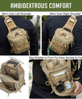 Streetwise EDC Tactical Sling Bag With Discreet Concealed Carry Pocket And PALS Modular Straps crafted from heavy duty khaki nylon worn over shoulder.