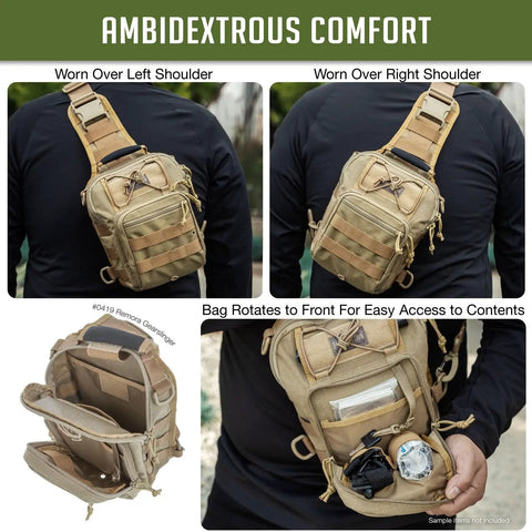 Streetwise EDC Tactical Sling Bag With Discreet Concealed Carry Pocket And PALS Modular Straps crafted from heavy duty khaki nylon worn over shoulder.
