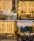 Cozy Bedroom Curtain Lights 200 LED Fairy String Lights 6.6x6.6 Feet Warm White With Remote in various indoor settings