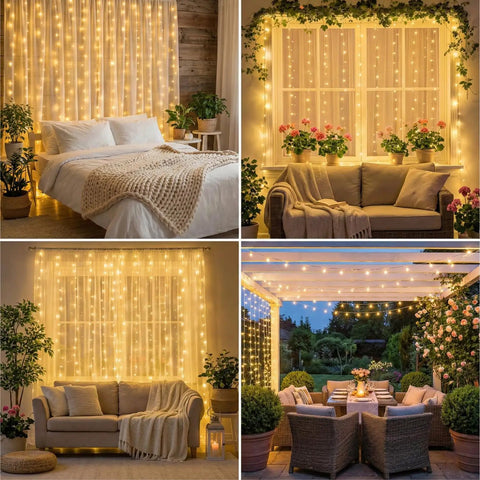 Cozy Bedroom Curtain Lights 200 LED Fairy String Lights 6.6x6.6 Feet Warm White With Remote in various indoor settings