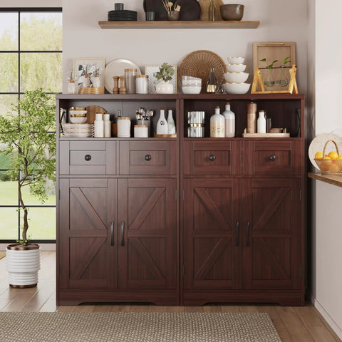 Sturdy Dark Brown Standing Go To Storage Cabinet With Drawers And Shelves For Kitchen Pantry And Home Bar Floor Hutch Cupboard With Adjustable Shelf For Dining Room Living Room Or Office Organization Station in a modern kitchen setting.