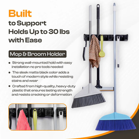Heavy Duty ABS Plastic Broom Holder With Five Auto Adjustable Slots and Six Retractable Hooks Wall Mount Mop and Broom Hanger Waterproof Garage Tool Organizer with Screws, holding brooms and cleaning tools on display.