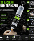 Heavy Duty Manual Fluid Extractor Pump Featuring Two Flexible Hoses For Rapid Engine Oil Brake Fluid And Coolant Transfer showing 200cc clear reservoir and hose.