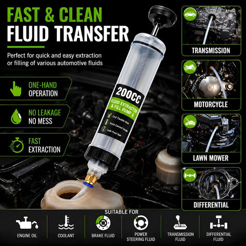 Heavy Duty Manual Fluid Extractor Pump Featuring Two Flexible Hoses For Rapid Engine Oil Brake Fluid And Coolant Transfer showing 200cc clear reservoir and hose.