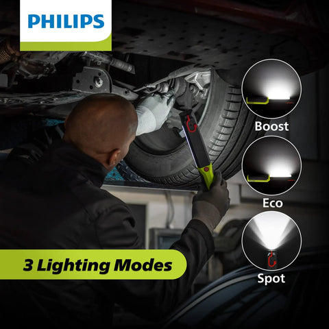 Mechanic using Xperion 6000 UV Pillar Rechargeable LED Work Light With Magnetic Base under car with three lighting modes shown.
