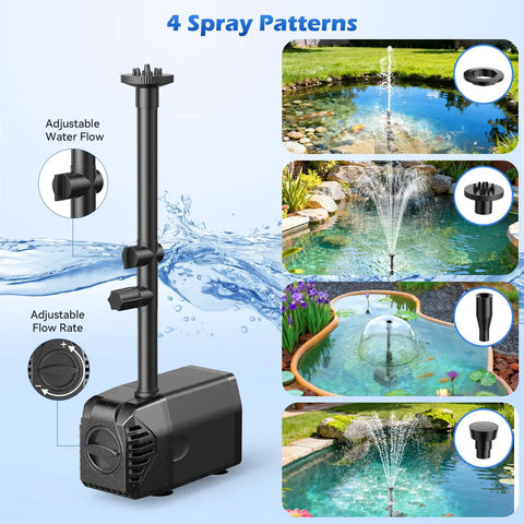 25W Solar Fountain Pump With 4 Nozzles, Up To 160 GPH Flow, Plug And Play Adjustable Output displayed with spray patterns
