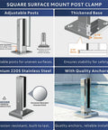 Top Tier Six Panel Laminated Glass Railing Kit For Decks Comes With Heavy Duty Stainless Hardware Quick Install Setup Vibe Up Your Patio Or Yard 315 To 324 Wide 44 High Must Have Safety Gear showing square surface mount post clamp with adjustable posts.