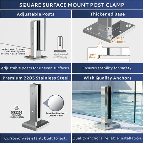 Top Tier Six Panel Laminated Glass Railing Kit For Decks Comes With Heavy Duty Stainless Hardware Quick Install Setup Vibe Up Your Patio Or Yard 315 To 324 Wide 44 High Must Have Safety Gear showing square surface mount post clamp with adjustable posts.