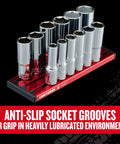 Deep 3/8 Inch Drive Socket Set, 12 Piece, 6 Point High Torque Sockets With Magnetic Rail, displayed in organized row.