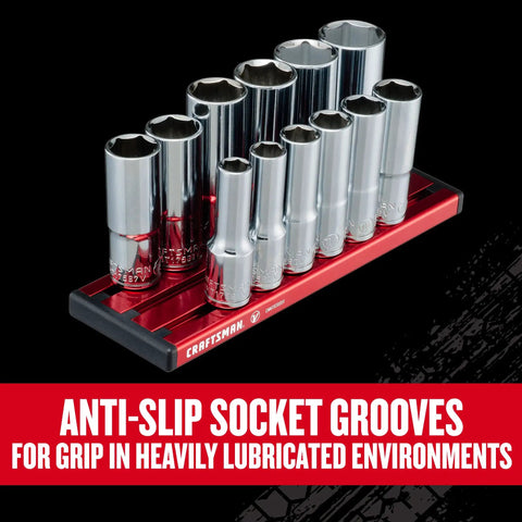 Deep 3/8 Inch Drive Socket Set, 12 Piece, 6 Point High Torque Sockets With Magnetic Rail, displayed in organized row.