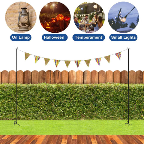 Sturdy Metal String Light Poles 2 Pack For Outdoor Use Beefy Weatherproof And Built To Last With Rust Resistant Coating in a garden.