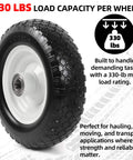 12 Inch Flat Free Solid Tire And Wheel Set For Trailer Dollies And Utility Carts With Centered Hub Size Three And Three Quarters Inch And One Inch Bore Fits 25mm Axle Shaft Replacement Heavy Duty, showing wheel with detailed tread and hub.