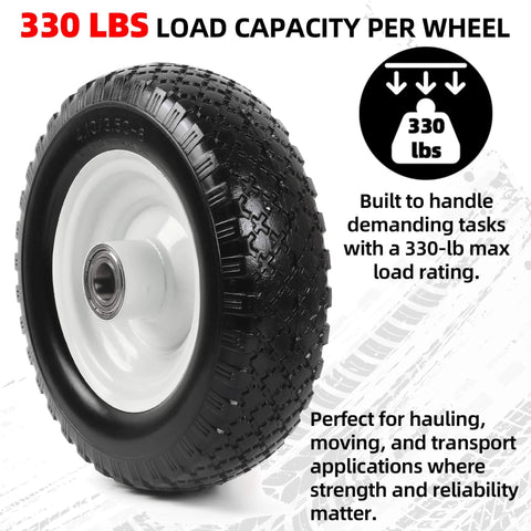 12 Inch Flat Free Solid Tire And Wheel Set For Trailer Dollies And Utility Carts With Centered Hub Size Three And Three Quarters Inch And One Inch Bore Fits 25mm Axle Shaft Replacement Heavy Duty, showing wheel with detailed tread and hub.