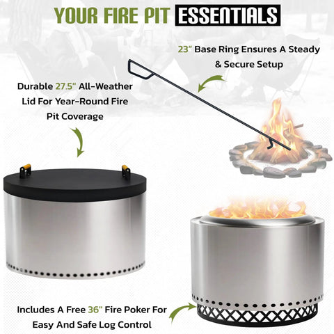 Smokeless Fire Pit Accessories Kit with 23-inch carbon steel base, 36-inch fire poker, and 27.5-inch lid with wood handles shown.