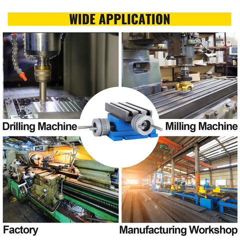 Wide application of Precision Milling Cross Slide Table For Milling Machines, showing usage in drilling, milling, and workshops.