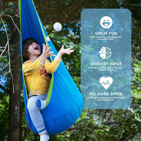 Child playing in a blue Kids Pod Swing Seat Cotton Hammock Chair for Indoor and Outdoor Play, hanging from a tree.
