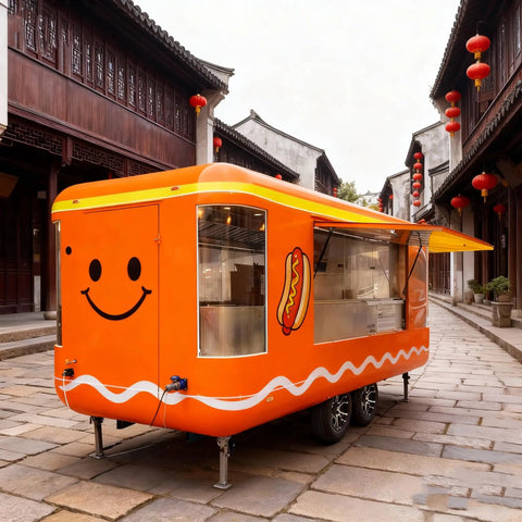 Kickstart Your Street Food Hustle With This Commercial Grade Mobile Food Truck Trailer equipped with windows and orange finish.