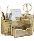 Gold Desk Organizer Set With Drawer Metal Mesh Office Organizer For Women Functional And Stylish Desktop Storage For Papers And Small Stationery Supplies. 