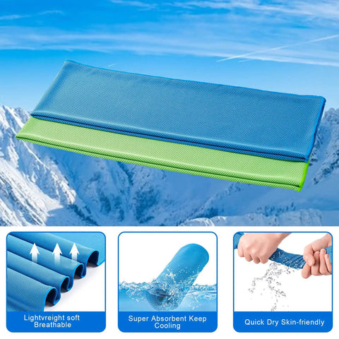 Must Have 4 Pack Cooling Towels 40x12 Inches Microfiber Ice Towels shown in blue and green against snowy background