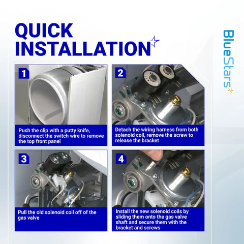 Installation guide for Pro Grade 279834 Dryer Gas Valve Ignition Solenoid Coil Kit Pack Of 6 for Whirlpool dryers, showing steps 1 to 4.