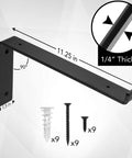 Beefy Heavy Duty Shelf Brackets Set 4 Pack Premium Construction Grade Quarter Inch Thick Steel Matte Black Finish L Bracket With Lip For Modern Farmhouse Open Shelving Hardware Included 11.25 By 6 Inches features measurements and hardware.