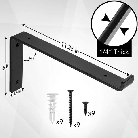 Beefy Heavy Duty Shelf Brackets Set 4 Pack Premium Construction Grade Quarter Inch Thick Steel Matte Black Finish L Bracket With Lip For Modern Farmhouse Open Shelving Hardware Included 11.25 By 6 Inches features measurements and hardware.