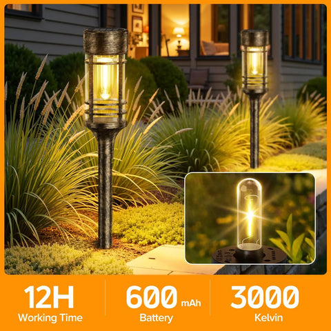 4 Pack Solar Firefly Lights Outdoor Garden Decor With 32 LED Swaying Iron Wire Bulbs illuminating a garden pathway at night