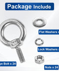Premium Stainless Steel M4 Eye Bolts, Complete 24 Piece Hardware Set With Hex Nuts Flat And Spring Washers, showing eye bolts, nuts, flat and lock washers.