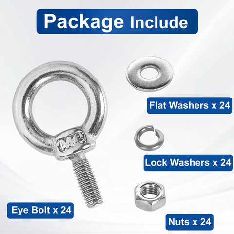 Premium Stainless Steel M4 Eye Bolts, Complete 24 Piece Hardware Set With Hex Nuts Flat And Spring Washers, showing eye bolts, nuts, flat and lock washers.