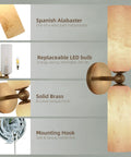 Natural Spanish Alabaster Wall Sconces Set Of Two Hardwired 20 Inch Wall Mounted Light Fixtures In Solid Brass, showing alabaster detail and LED bulb.