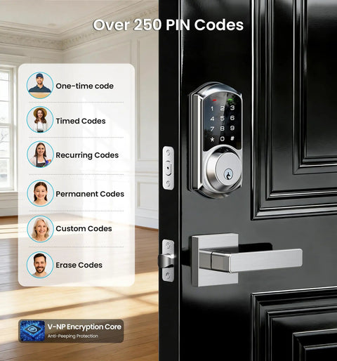 Smart Deadbolt Lock With Dual Lever Handles And Smartphone App Keyless Entry Door Lock featuring options for over 250 PIN codes.