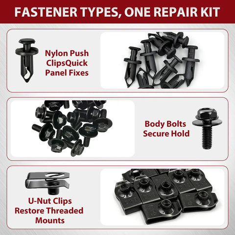 35 Piece Universal Engine Under Cover Splash Shield Hardware Kit components including U-nuts, bolts, and plastic push rivet clips