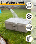 Medium Grey Weatherproof Outdoor Electrical Box IP54 Waterproof Extension Cord Cover showing water resistance feature on grass.