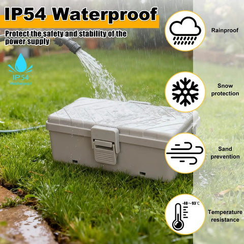 Medium Grey Weatherproof Outdoor Electrical Box IP54 Waterproof Extension Cord Cover showing water resistance feature on grass.