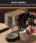 Heavy Duty 15 Bar Espresso Maker With Sca Certified Precision Temperature Control And Sleek Automatic Milk Frother showing dual-mode steam nozzle for frothing.