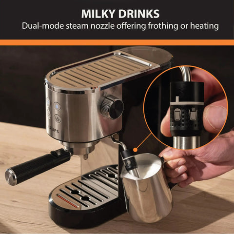 Heavy Duty 15 Bar Espresso Maker With Sca Certified Precision Temperature Control And Sleek Automatic Milk Frother showing dual-mode steam nozzle for frothing.