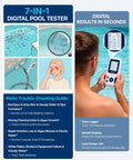 Digital Pool And Spa Water Test Kit Featuring 7 In 1 Chemistry Analysis showing user checking water results by pool.